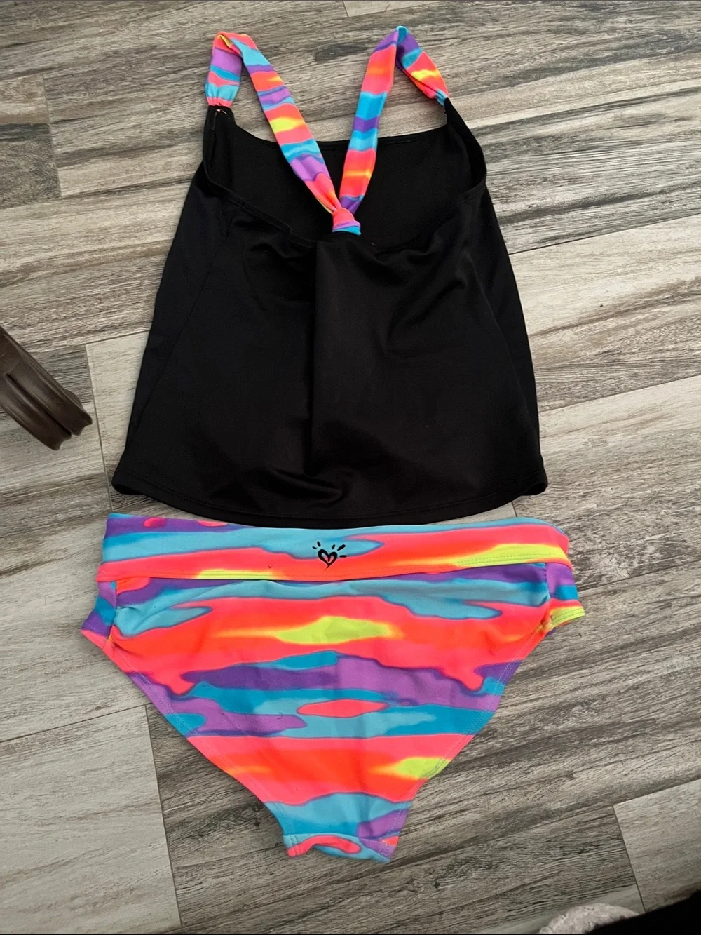 Justice Black Tankini with Neon Rainbow Heart & Palm Print